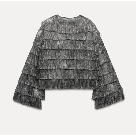 ZARA Fringed Metallic Thread Jacket NWT Silver Size S - Picture 16 of 16